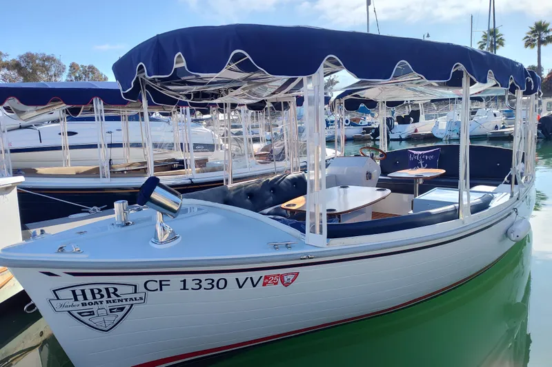 Slide: The Image of 2022 Duffy Bay Island boat with blue canopy docked at marina. - 4