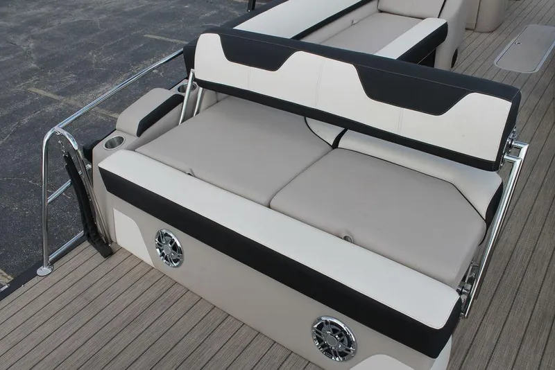 Slide: The Image of 2026 Avalon Catalina Cruise 23' boat seating with sleek design and integrated speakers. - 17