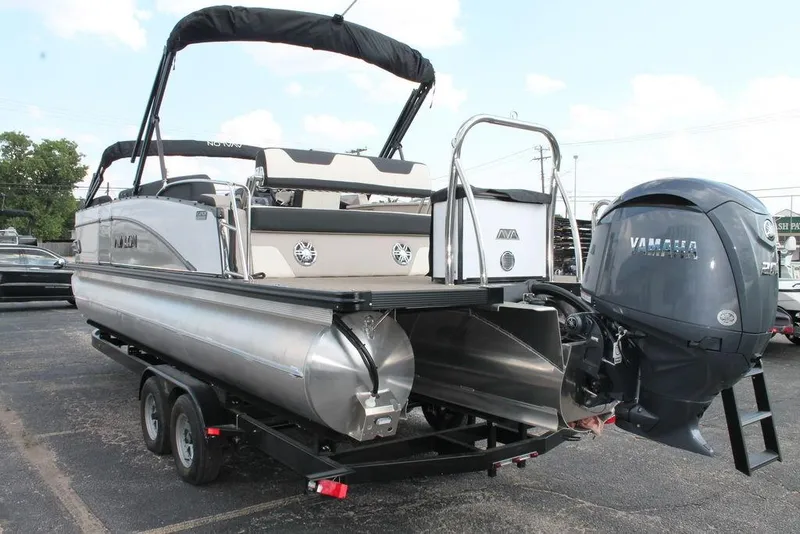 Slide: The Image of 2026 Avalon Catalina Cruise 23' pontoon boat with Yamaha engine on trailer. - 9