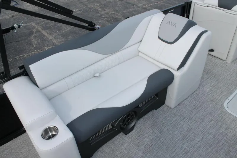 Slide: The Image of 2026 Avalon LSZ ELITE - 23 boat interior with stylish gray and white seating. - 11