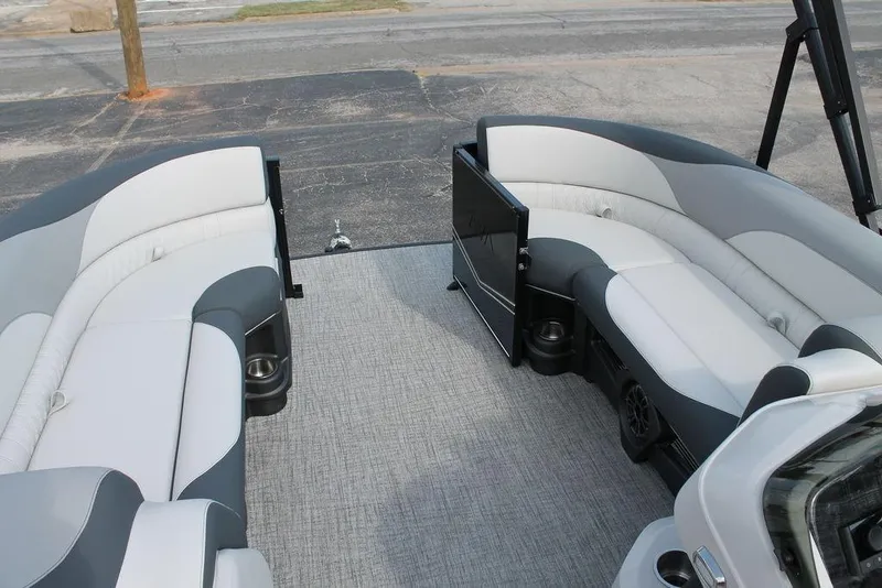 Slide: The Image of Luxurious seating on 2026 Avalon LSZ ELITE - 23 pontoon boat, featuring sleek gray and white design. - 15