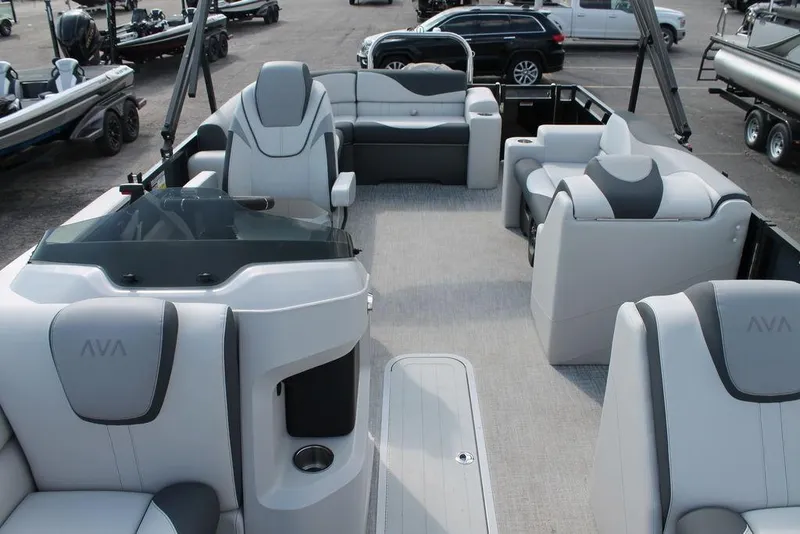 Slide: The Image of 2026 Avalon LSZ ELITE - 23 pontoon boat interior with luxurious seating and modern design. - 7