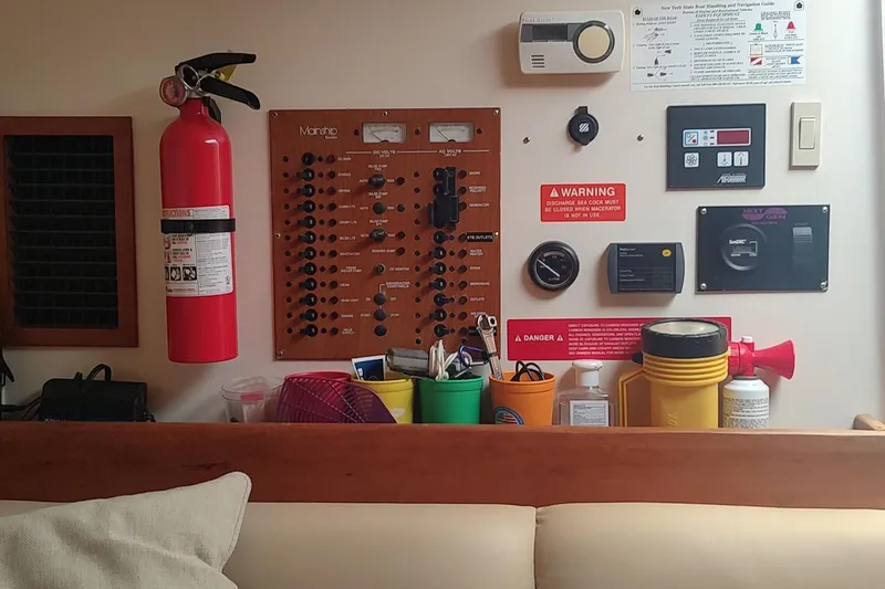 Slide: The Image of Control panel and safety equipment inside a 2003 Mainship 34 PILOT boat cabin. - 30