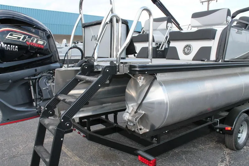 Slide: The Image of 2026 Avalon LSZ QUAD LOUNGER SHIFT pontoon boat with Yamaha engine and rear ladder. - 3