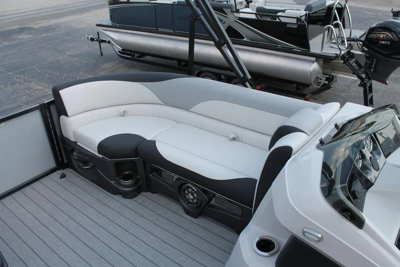 Slide: The Image of 2026 Avalon LSZ Quad Lounger Shift boat interior with sleek seating and modern design. - 6