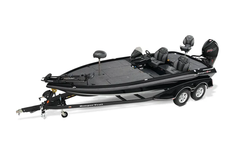 Slide: The Image of 2024 Ranger Z520R bass boat with dual seats and trailer, side view. - 2