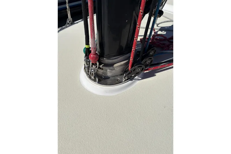 Slide: The Image of Close-up of 2014 J Boats J/111 mast base with rigging and pulleys. - 14