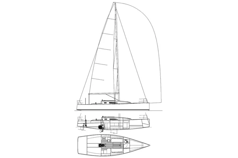 Slide: The Image of Line drawing of a 2014 J Boats J/111 sailboat, showcasing side and top views. - 28