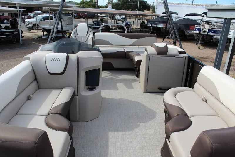 Slide: The Image of 2026 Avalon LSZ Cruise Rear Bench 21 pontoon boat with luxurious seating and modern design. - 10