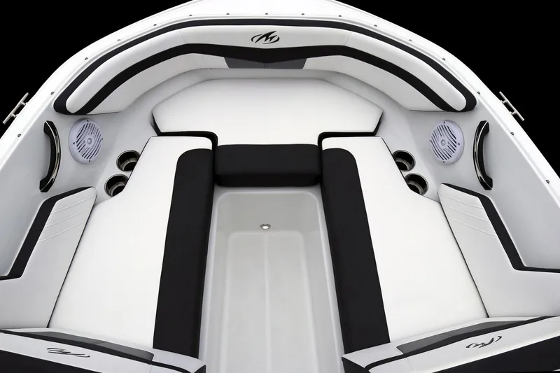 Slide: The Image of Manufacturer Provided Image: 2026 Monterey M-20 boat interior with sleek black and white seating design. - 2