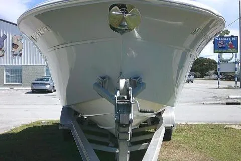 Slide: The Image of 2021 Sea Fox 288 Commander boat on trailer, front view in outdoor setting. - 3