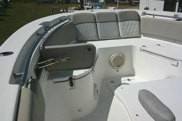 Slide: The Image of 2021 Sea Fox 288 Commander boat interior with cushioned seating and speaker. - 34