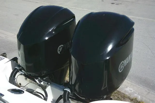 Slide: The Image of Twin Yamaha outboard engines on a 2021 Sea Fox 288 Commander boat. - 48