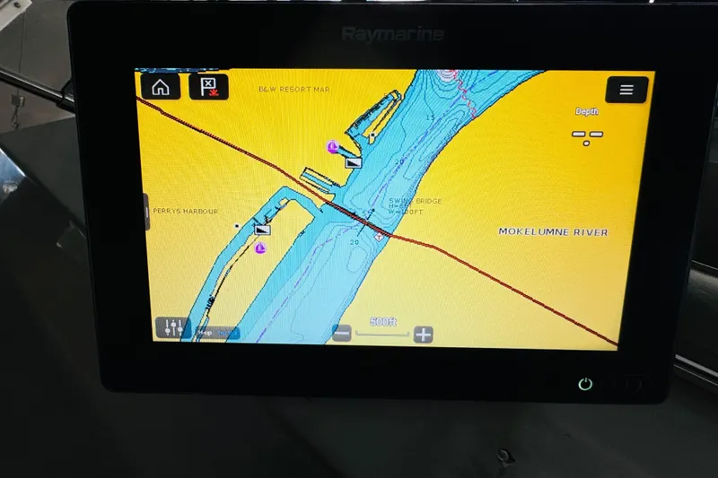 Slide: The Image of Raymarine navigation display showing Mokelumne River map on Tollycraft 40 Sport Sedan, 1987 model. - 25