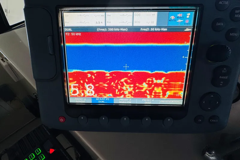Slide: The Image of Fishfinder display on 1987 Tollycraft 40 Sport Sedan showing depth and underwater details. - 26