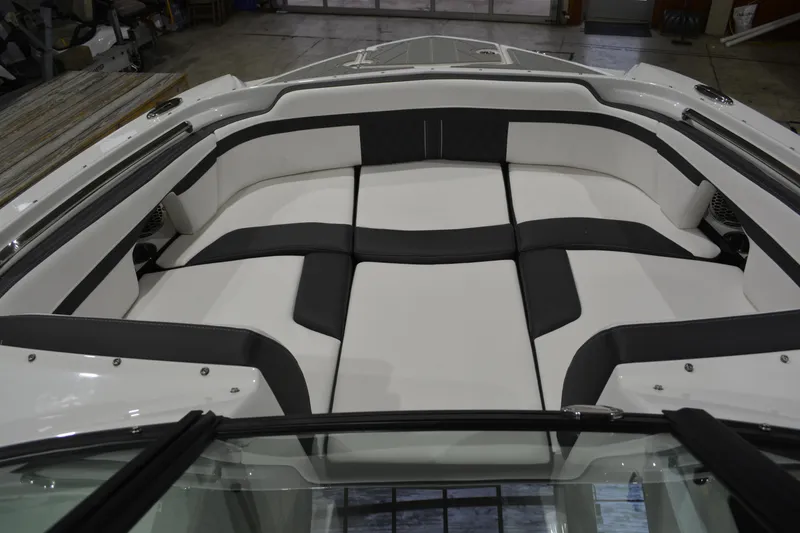 Slide: The Image of 2026 Monterey M-45 boat interior with sleek white and black seating. - 24