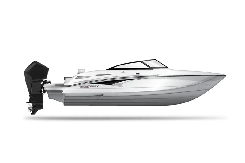 Slide: The Image of 2026 Monterey M-45 boat in showroom, featuring sleek design and powerful engine. - 8