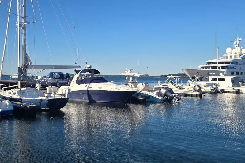 Slide: The Image of 2006 Sea Ray 260 Sundancer docked at a marina, surrounded by other boats. - 14