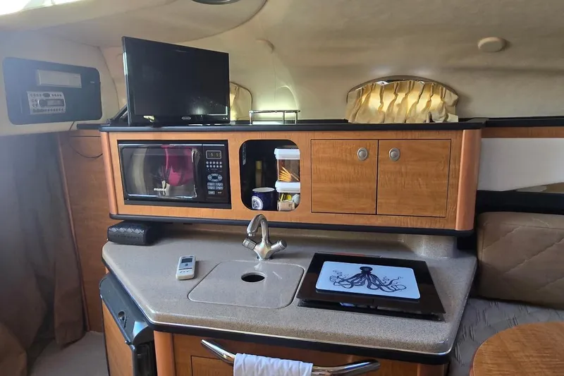 Slide: The Image of Interior of 2006 Sea Ray 260 Sundancer with kitchenette, TV, and microwave. - 9