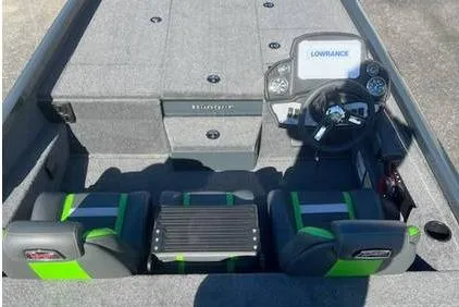 Slide: The Image of 2025 Ranger RT198P Fishing Package interior with dual seats and Lowrance navigation system. - 5