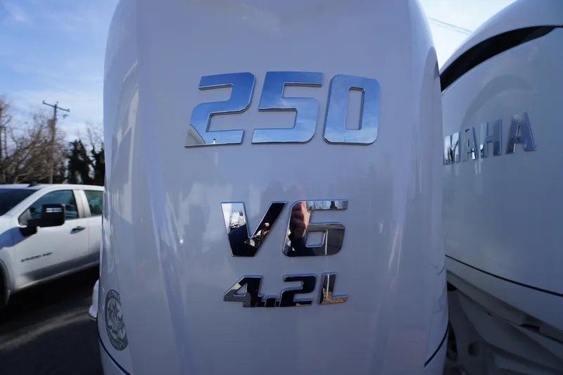Slide: The Image of Close-up of Yamaha 250 V6 4.2L engine on 2026 Chaparral 280 OSX boat. - 69