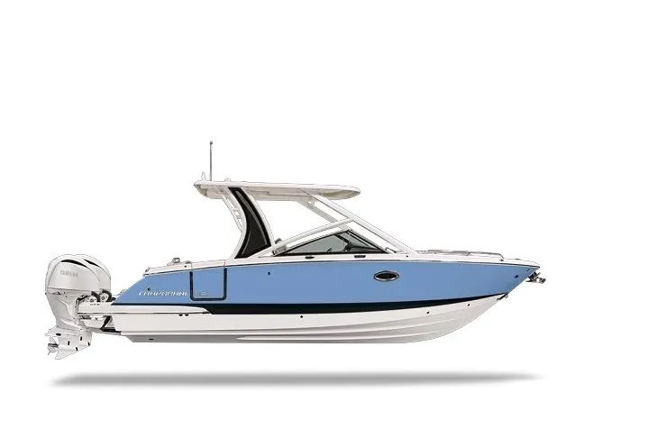 Slide: The Image of 2026 Chaparral 280 OSX boat, side view, blue and white design. - 72