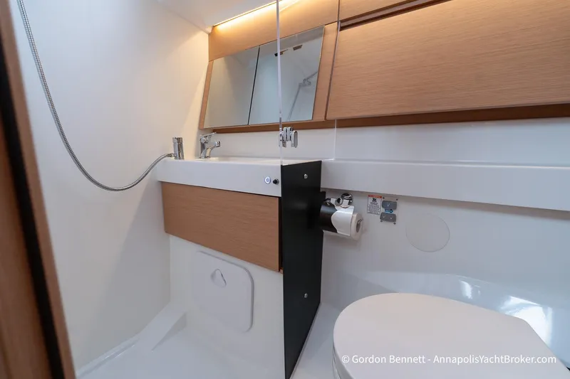 Slide: The Image of Modern bathroom in 2022 Jeanneau Sun Odyssey 410 yacht, featuring sleek design and fixtures. - 59