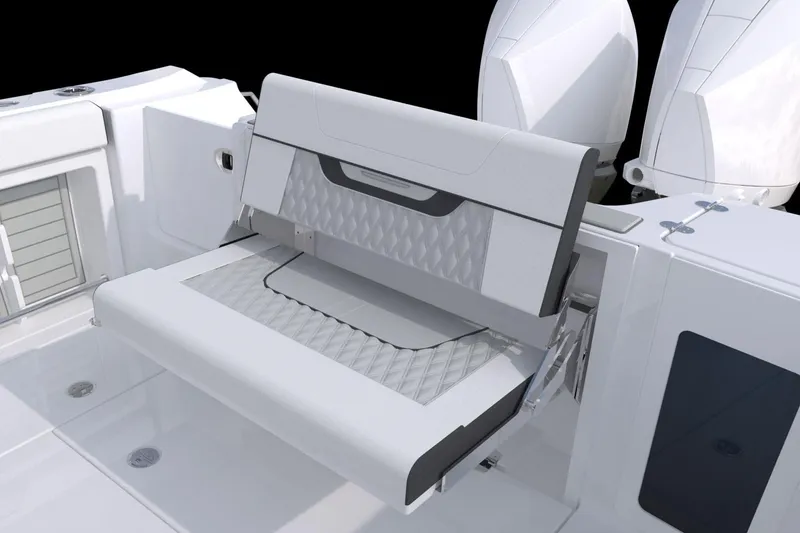 Slide: The Image of 2026 Blackfin 302 CC boat interior with seating and dual Mercury engines. - 10