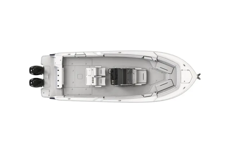 Slide: The Image of 2026 Blackfin 302 CC boat interior with seating and storage, parked outdoors. - 11