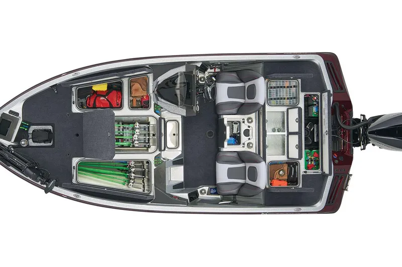 Slide: The Image of Overhead view of 2025 Ranger Z518 Cup-Equipped boat interior with organized storage compartments. - 6