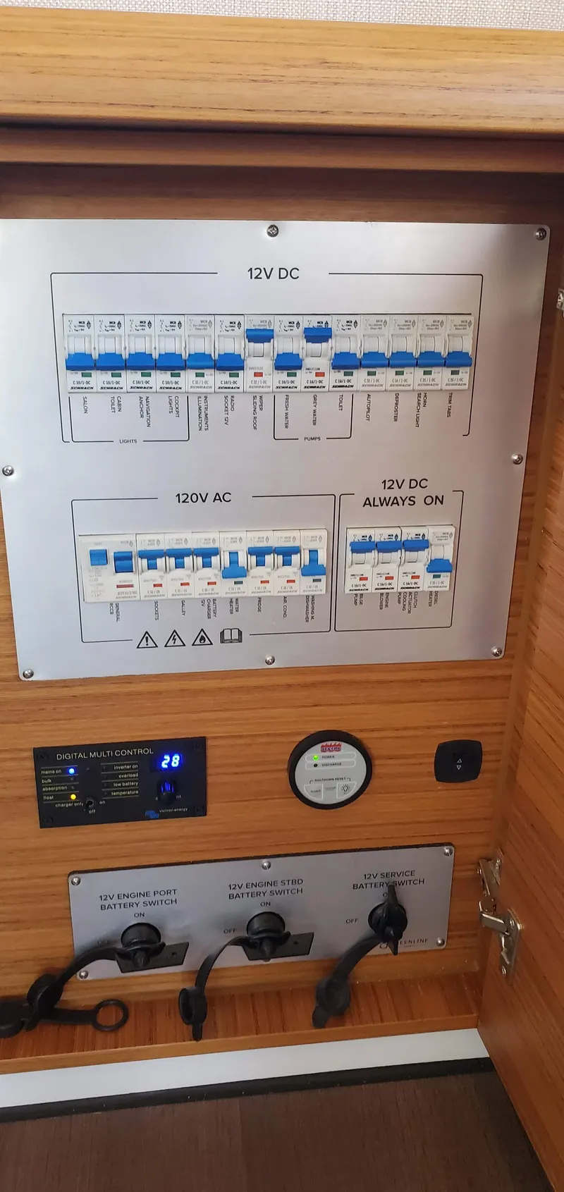 Slide: The Image of Electrical panel of 2023 Greenline 40 yacht with 12V DC and 120V AC controls. - 49