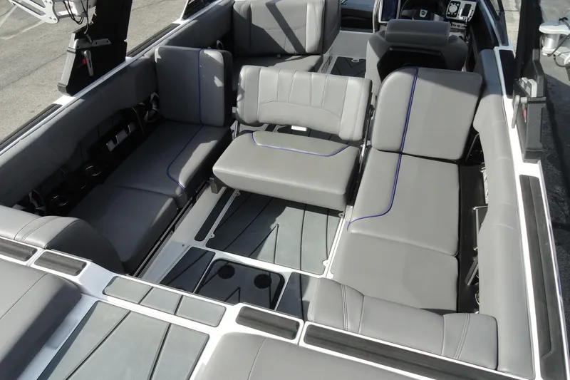 Slide: The Image of 2021 Malibu Wakesetter 23 LSV interior with gray seating and modern design. - 22