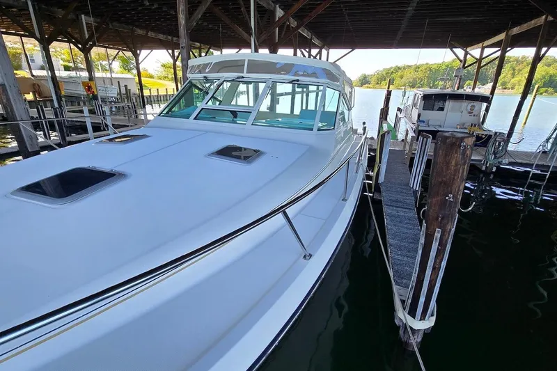 Slide: The Image of 1996 Tiara Yachts 3700 Open docked in a marina, surrounded by calm water. - 16
