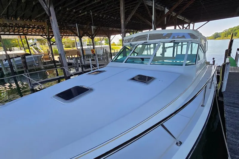 Slide: The Image of 1996 Tiara Yachts 3700 Open bow deck with railing, docked on calm water. - 20