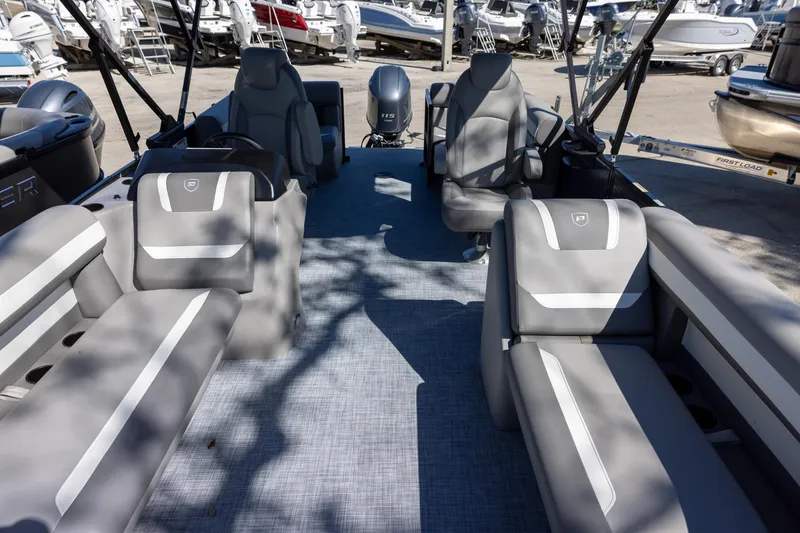 Slide: The Image of 2026 Premier 200 Sunscape RF pontoon boat interior with gray seating and modern design. - 14