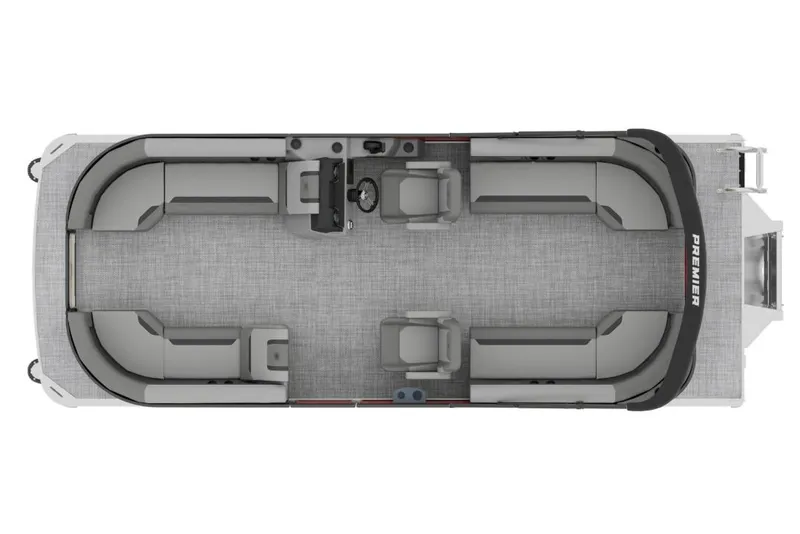 Slide: The Image of Top view of 2026 Premier 200 Suncape RF pontoon boat with spacious seating layout. - 15