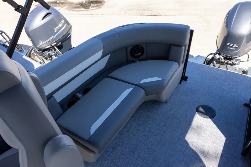 Slide: The Image of 2026 Premier 200 Sunscape RF boat interior with gray seating and Yamaha outboard motors. - 6