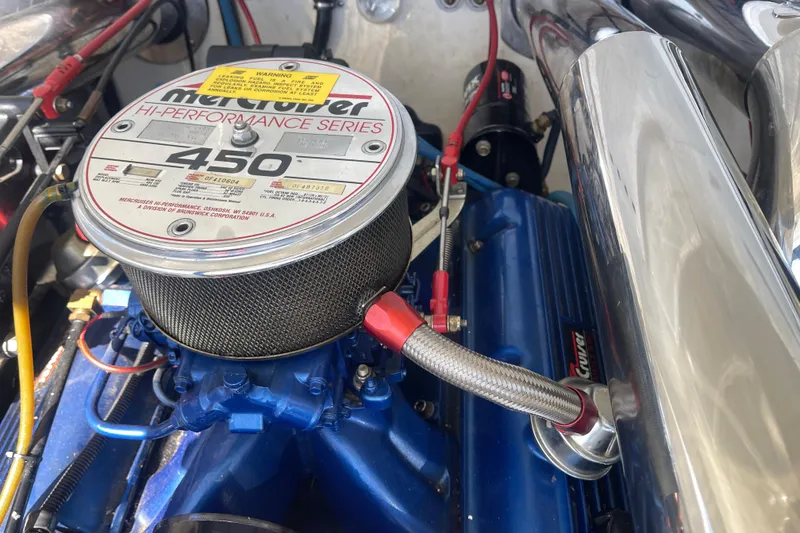 Slide: The Image of Engine of 1995 Excel Scarab 43 with MerCruiser 450 Hi-Performance Series components. - 37