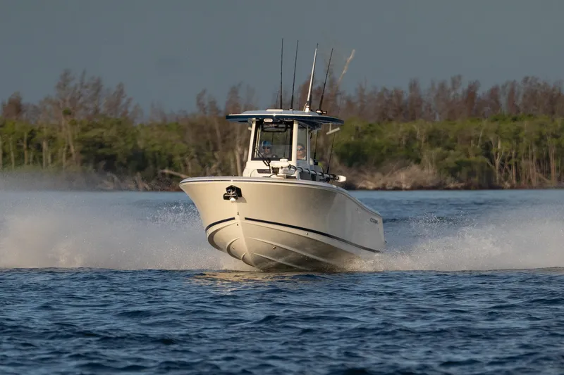Slide: The Image of 2026 Cobia 245 Center Console boat with passengers, anchored in calm waters. - 2