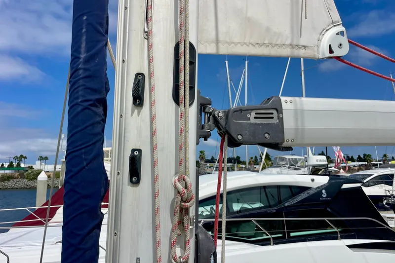 Slide: The Image of Sailboat mast and rigging on a 2000 Moody 42 CC, docked at a marina. - 68