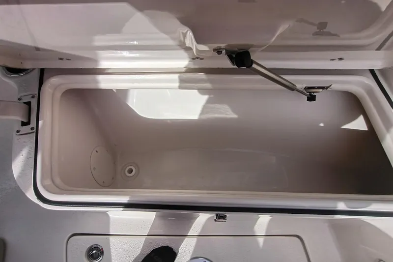Slide: The Image of 2024 Sea Chaser 24 HFC storage compartment, open lid, spacious interior. - 43