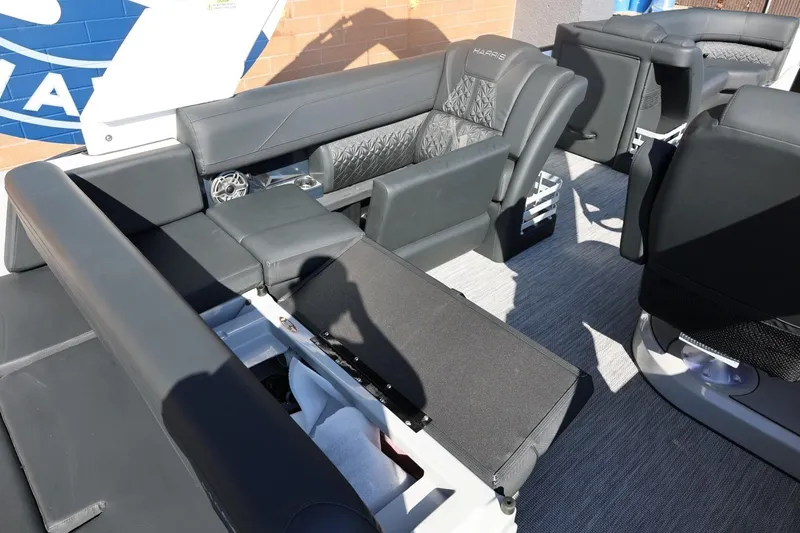 Slide: The Image of 2026 Harris Grand Mariner 250 dashboard with steering wheel and control panel. - 22