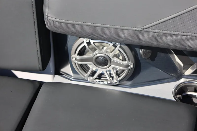 Slide: The Image of 2026 Harris Grand Mariner 250 pontoon boat with Mercury outboard engine on trailer. - 50