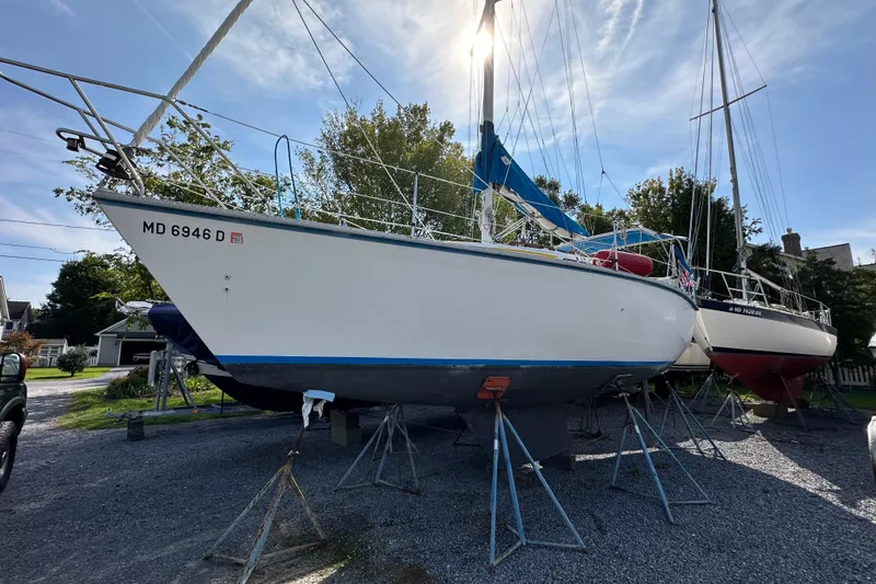 Slide: The Image of 1985 Hunter 28.5 sailboat on stands, with blue trim, under a sunny sky. - 2