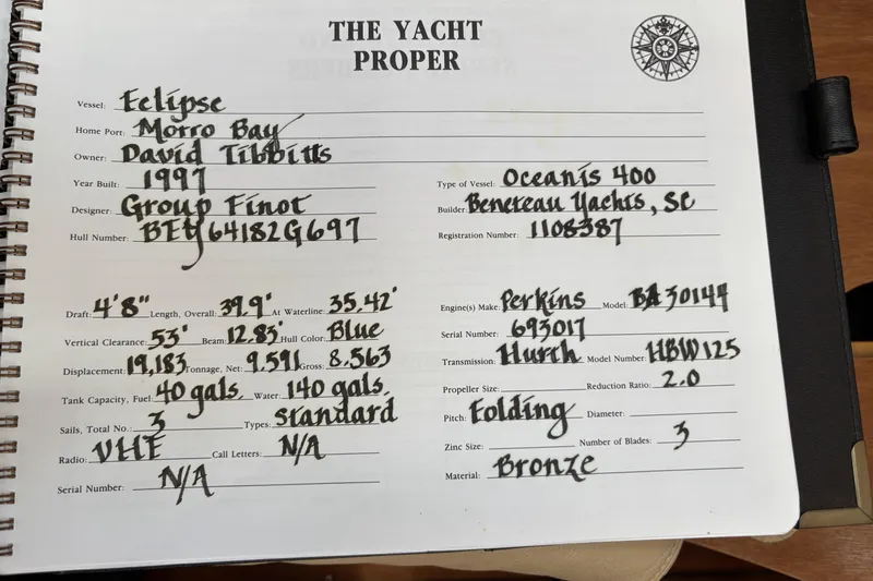 Slide: The Image of Notebook page detailing specifications of a 1997 Beneteau Oceanis 400 yacht. - 78