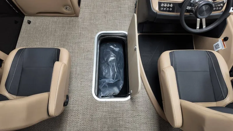 Slide: The Image of Interior of 2026 Barletta Cabrio 22QC with seats and storage compartment. - 26