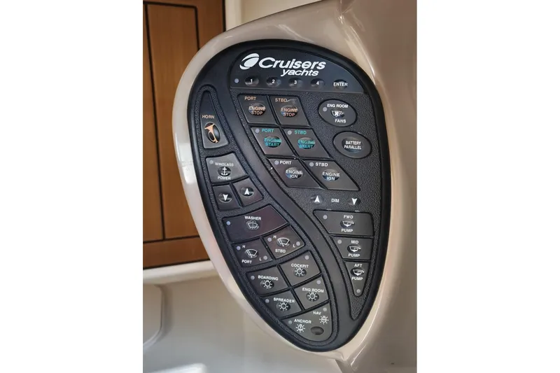 Slide: The Image of 2008 Cruisers Yachts 420 Express docked, featuring sleek design and spacious deck. - 14