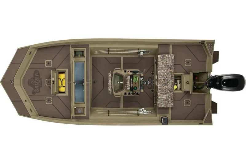 Slide: The Image of 2026 Tracker Grizzly 2072 CC boat interior with steering console and camouflage seating. - 6