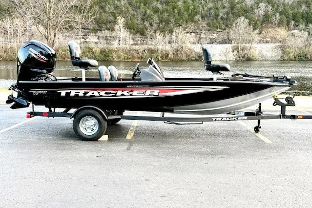 Slide: The Image of 2026 Tracker Pro Team 175 Crappie Edition boat detail with logo. - 4