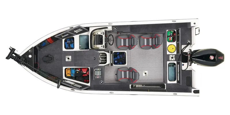 Slide: The Image of 2025 Ranger VS1882SC Angler boat interior with four seats and motor, parked on snowy pavement. - 6